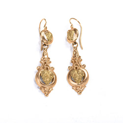 Boucles d'oreilles pendantes anciennes en or rose et vert à motif de feuille de vigne