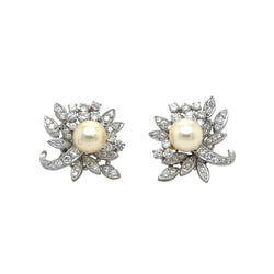 Boucles d'oreilles Clips en or blanc, perles et diamants