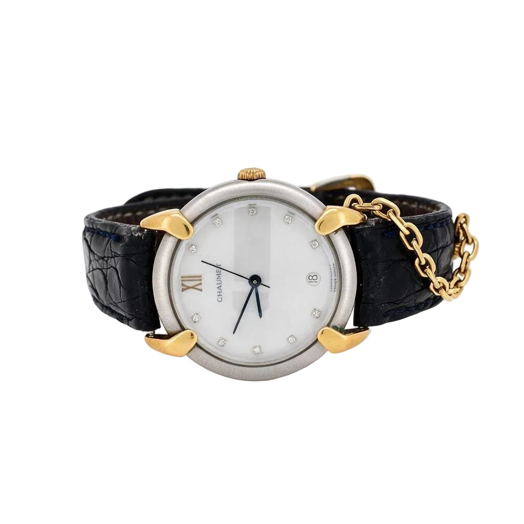 Montre CHAUMET Elysée GM en or jaune, acier, cuir et diamants