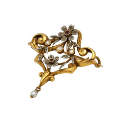 Broche Pendentif en or blanc, or jaune, grenats, perle et diamants