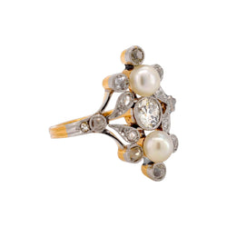 Bague en or jaune, perles et diamants