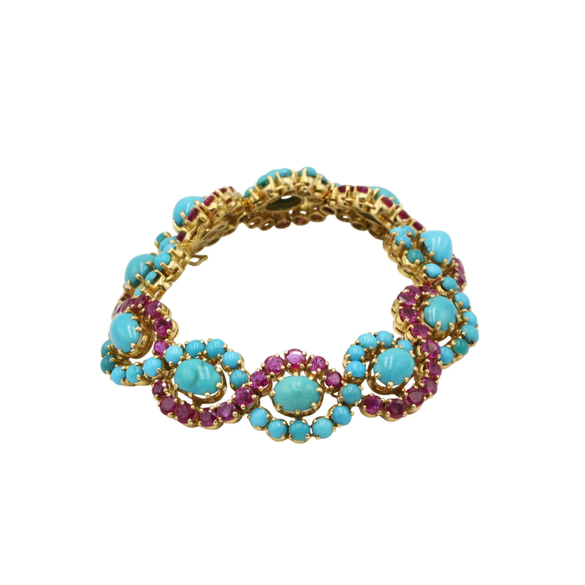 Bracelet en or jaune, rubis et turquoises