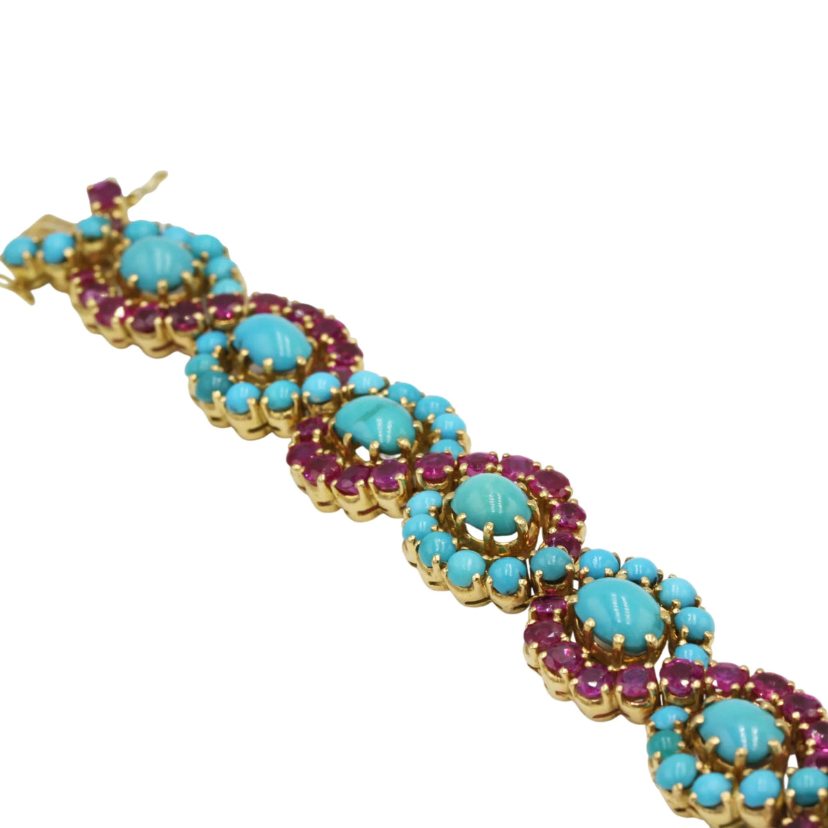Bracelet en or jaune, rubis et turquoises