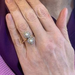 Bague Toi & Moi en or jaune, platine, perles et diamants