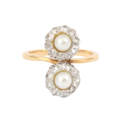 Bague Toi & Moi en or jaune, platine, perles et diamants