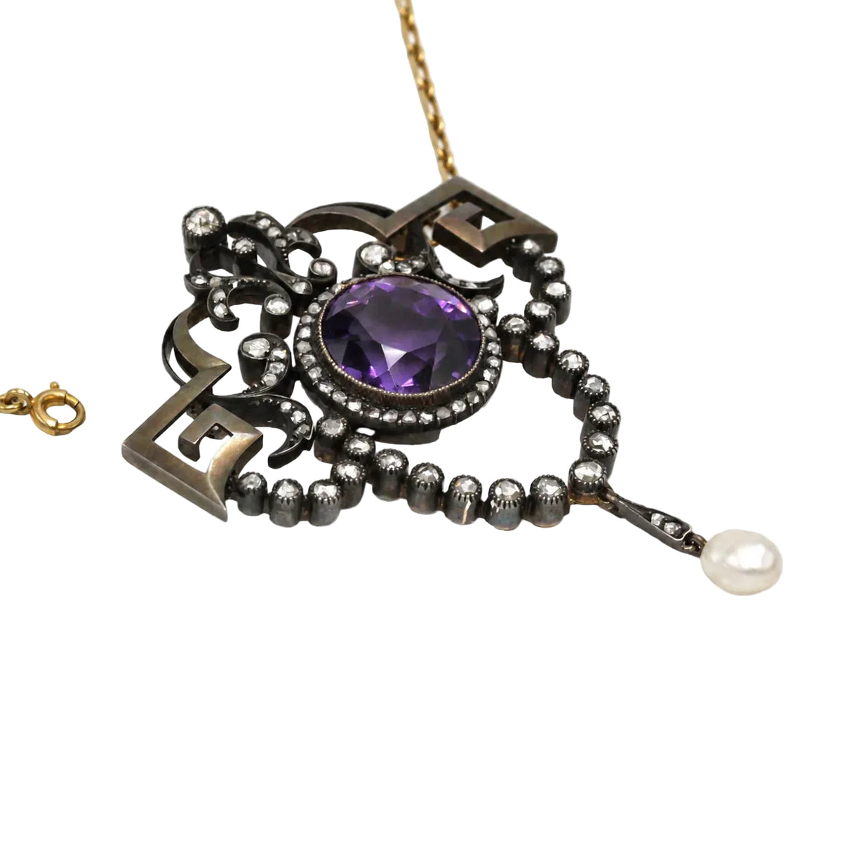 Collier Pendentif en or jaune, argent, améthyste, perle et diamants