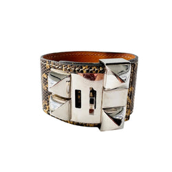 Bracelet Manchette HERMÈS "Collier de chien" en cuir et acier