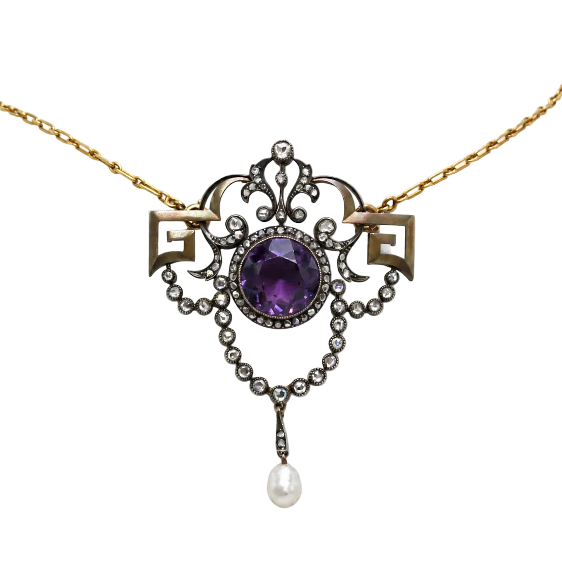 Collier Pendentif en or jaune, argent, améthyste, perle et diamants