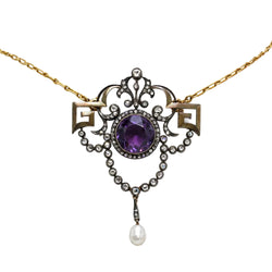 Collier Pendentif en or jaune, argent, améthyste, perle et diamants