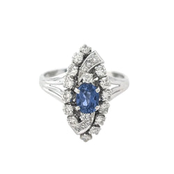 Bague Marquise en or blanc, saphir et diamants