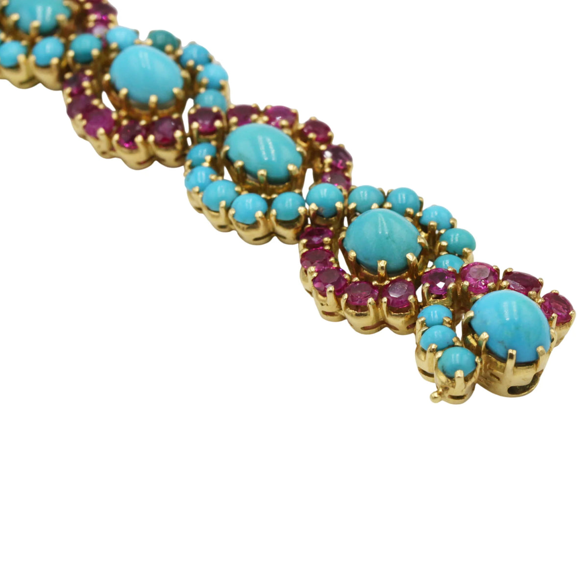 Bracelet en or jaune, rubis et turquoises