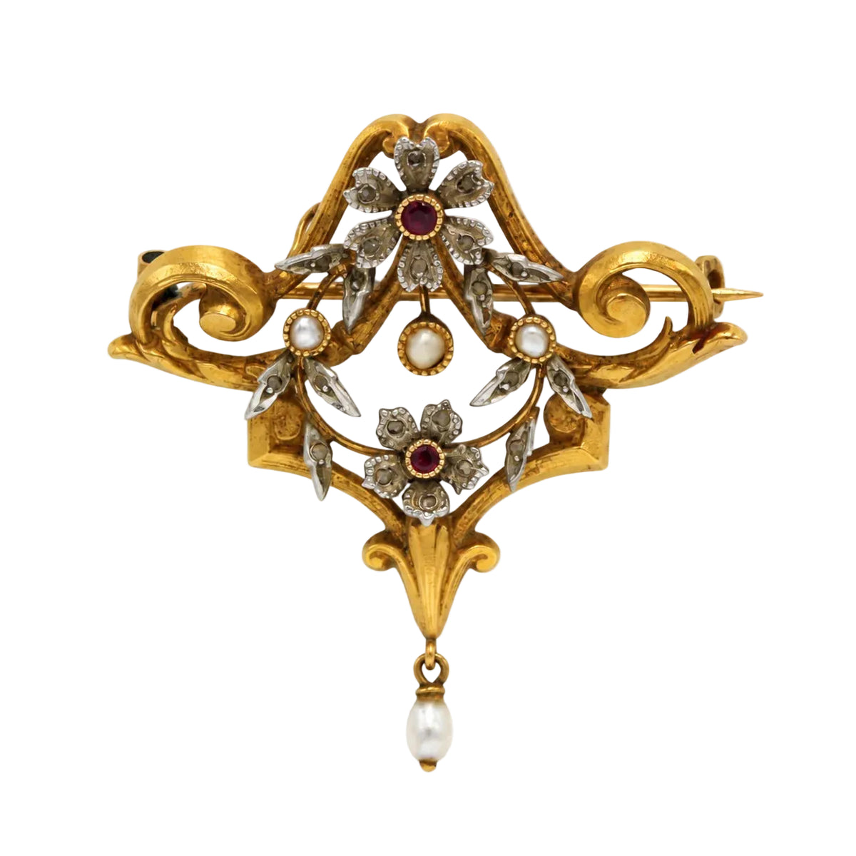 Broche Pendentif en or blanc, or jaune, grenats, perle et diamants