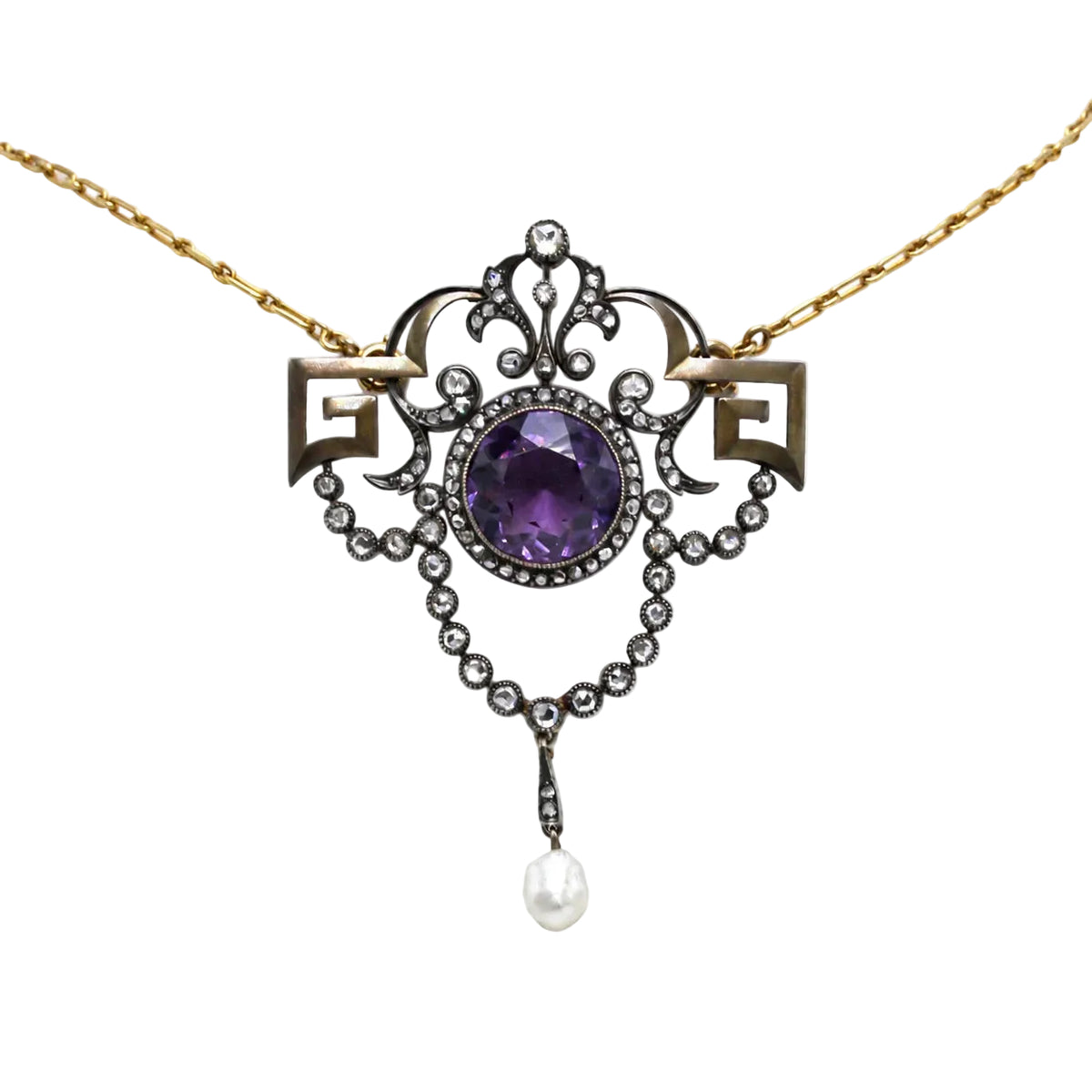 Collier Pendentif en or jaune, argent, améthyste, perle et diamants