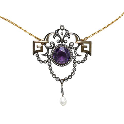 Collier Pendentif en or jaune, argent, améthyste, perle et diamants