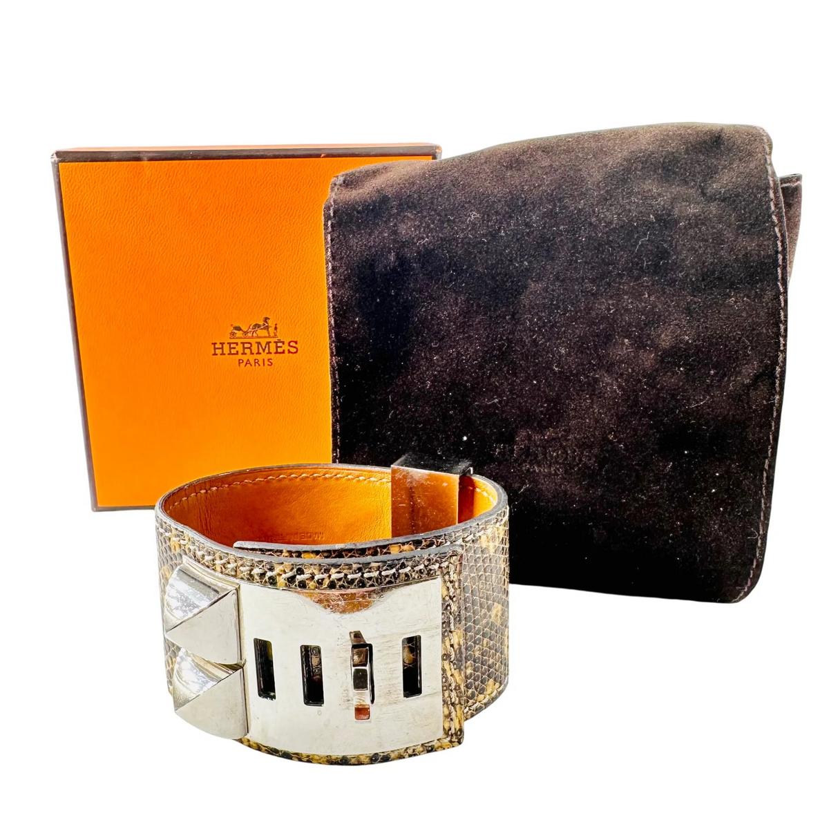 Bracelet Manchette HERMÈS "Collier de chien" en cuir et acier