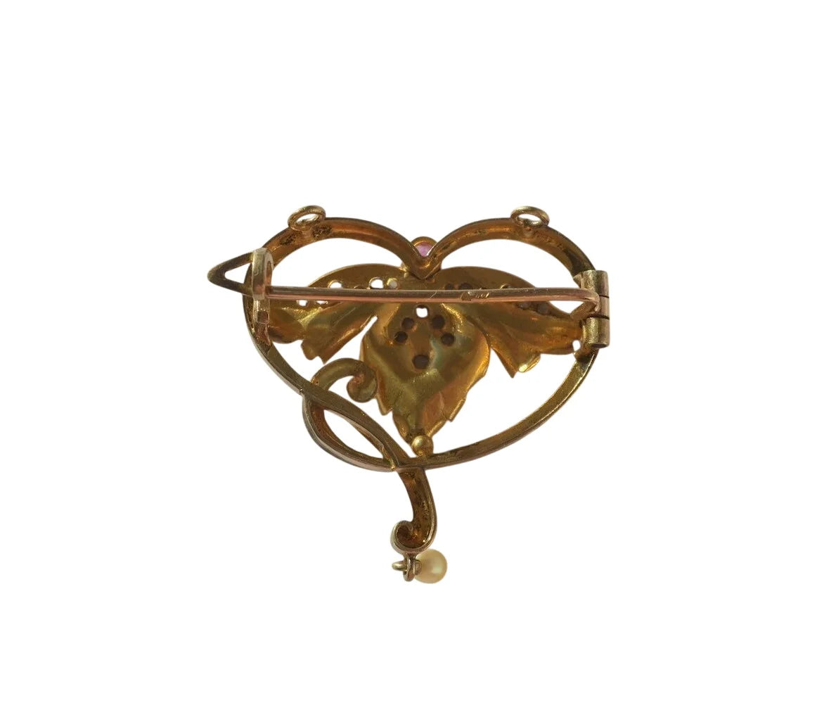 Pendentif broche Art Nouveau Rubis Diamants Perle fine Or rose 18 carats et Platine