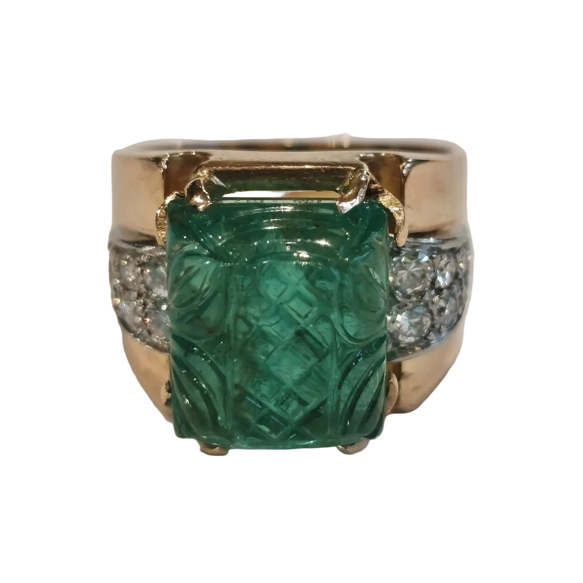 Bague tank en en or blanc, or rose, émeraude et diamants
