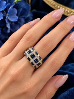 Art Deco-Style Yellow Gold Ring with Sapphires and Diamonds