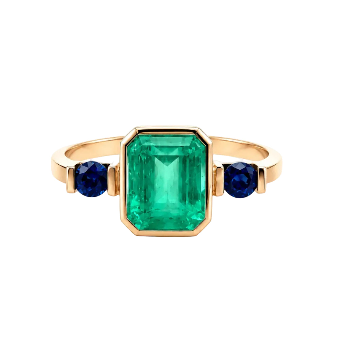 Bague Trilogie en or jaune, émeraude et saphirs