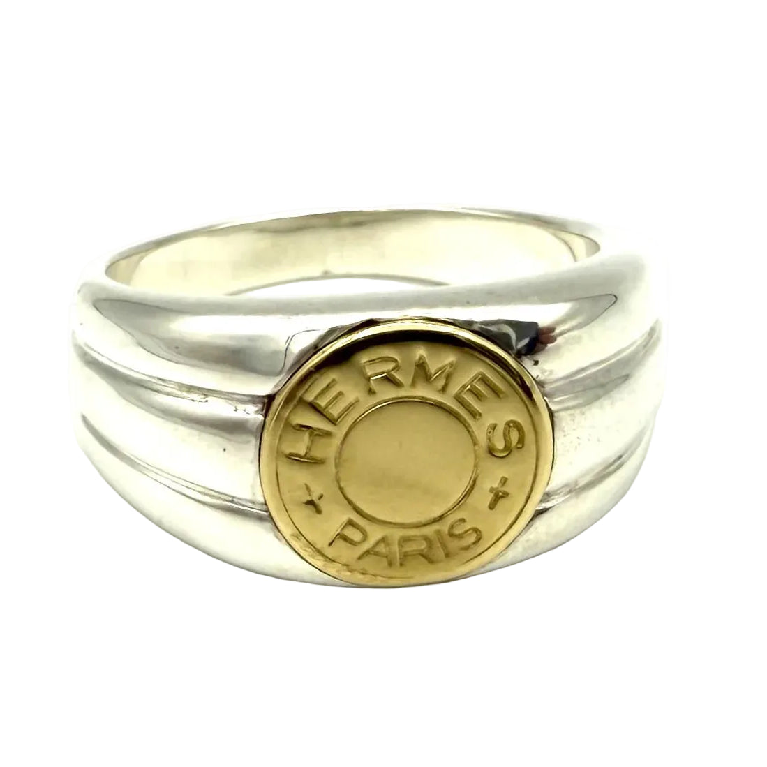 Bague Chevalière HERMÈS "Clou de selle" en or jaune et argent