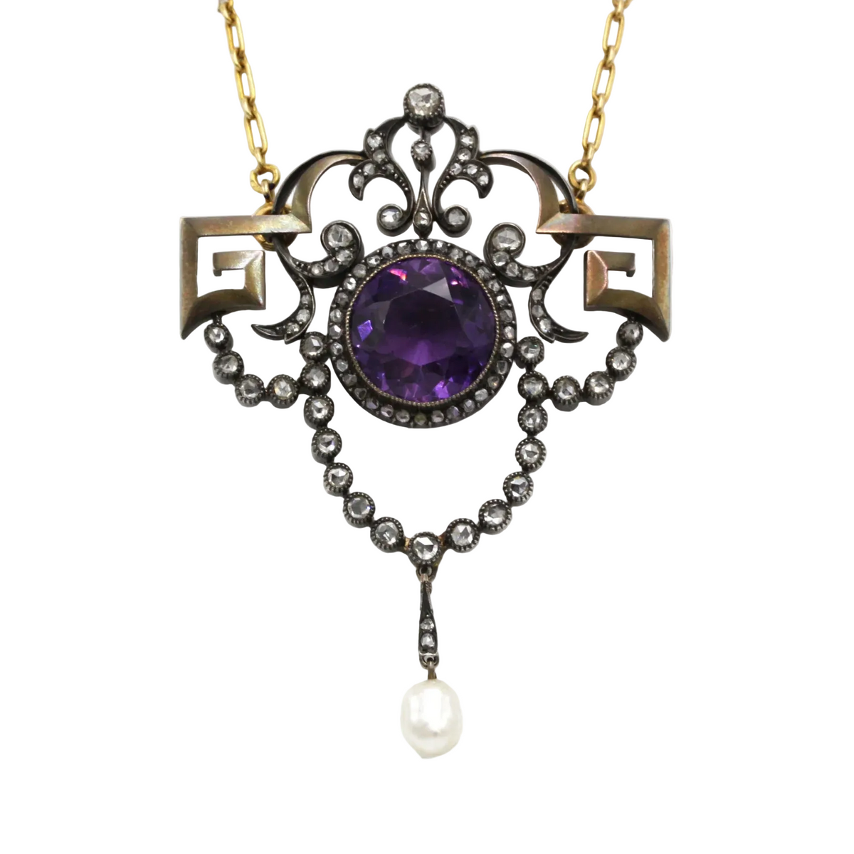 Collier Pendentif en or jaune, argent, améthyste, perle et diamants