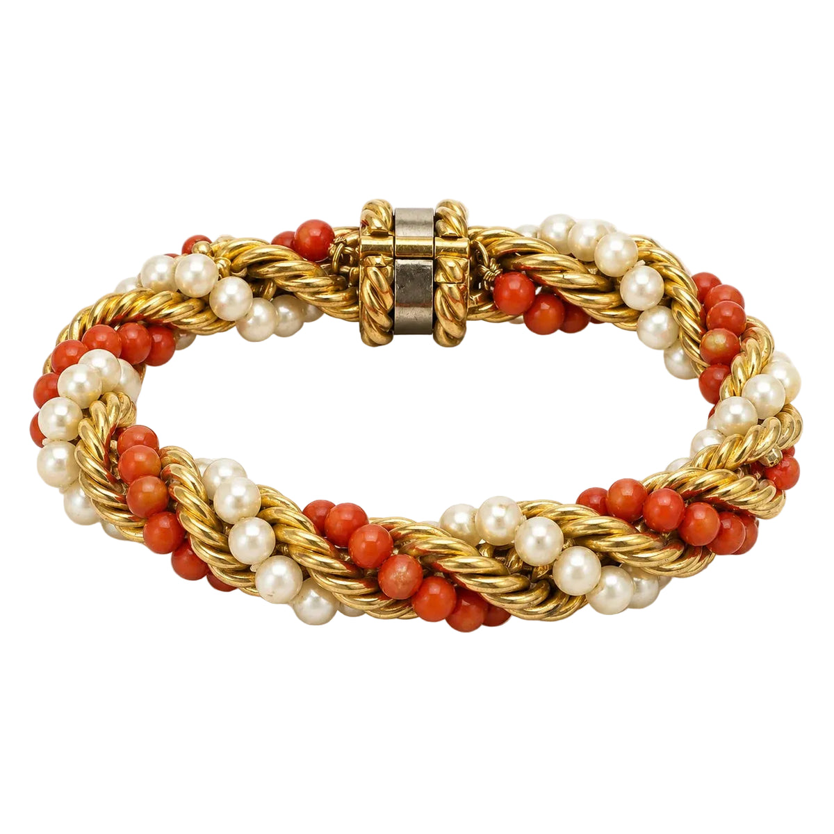 Bracelet Souple en or jaune, perles et corail