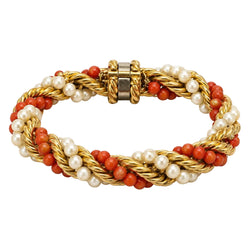Bracelet Souple en or jaune, perles et corail