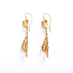 Boucles d'oreilles pendantes anciennes en or rose et vert à motif de feuille de vigne