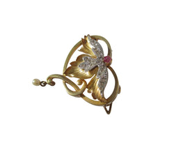 Pendentif broche Art Nouveau Rubis Diamants Perle fine Or rose 18 carats et Platine