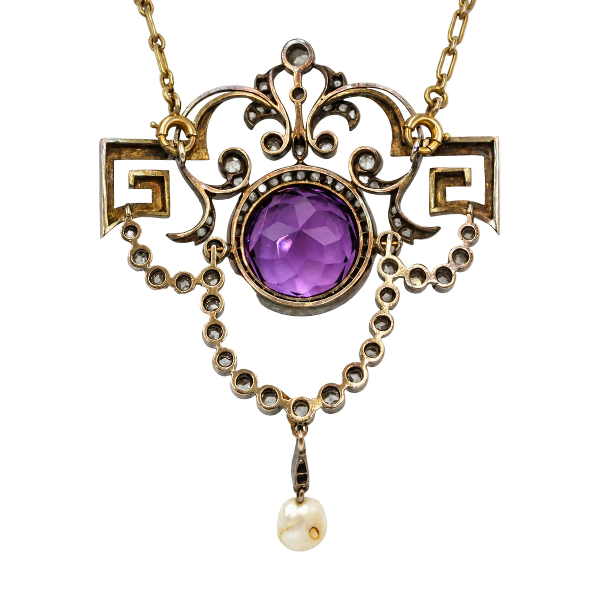 Collier Pendentif en or jaune, argent, améthyste, perle et diamants