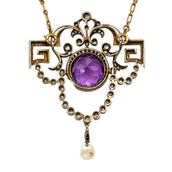 Collier Pendentif en or jaune, argent, améthyste, perle et diamants
