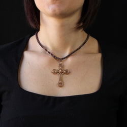 Grande croix ancienne or rose et perles fines - Castafiore