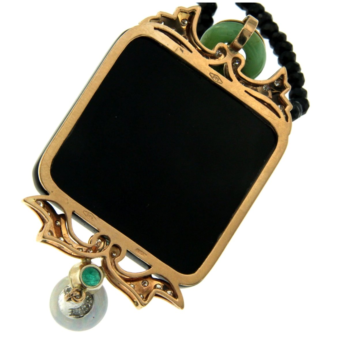 Hand - Carved Mediterranean Coral Onyx Diamond Gold Pendant - Castafiore