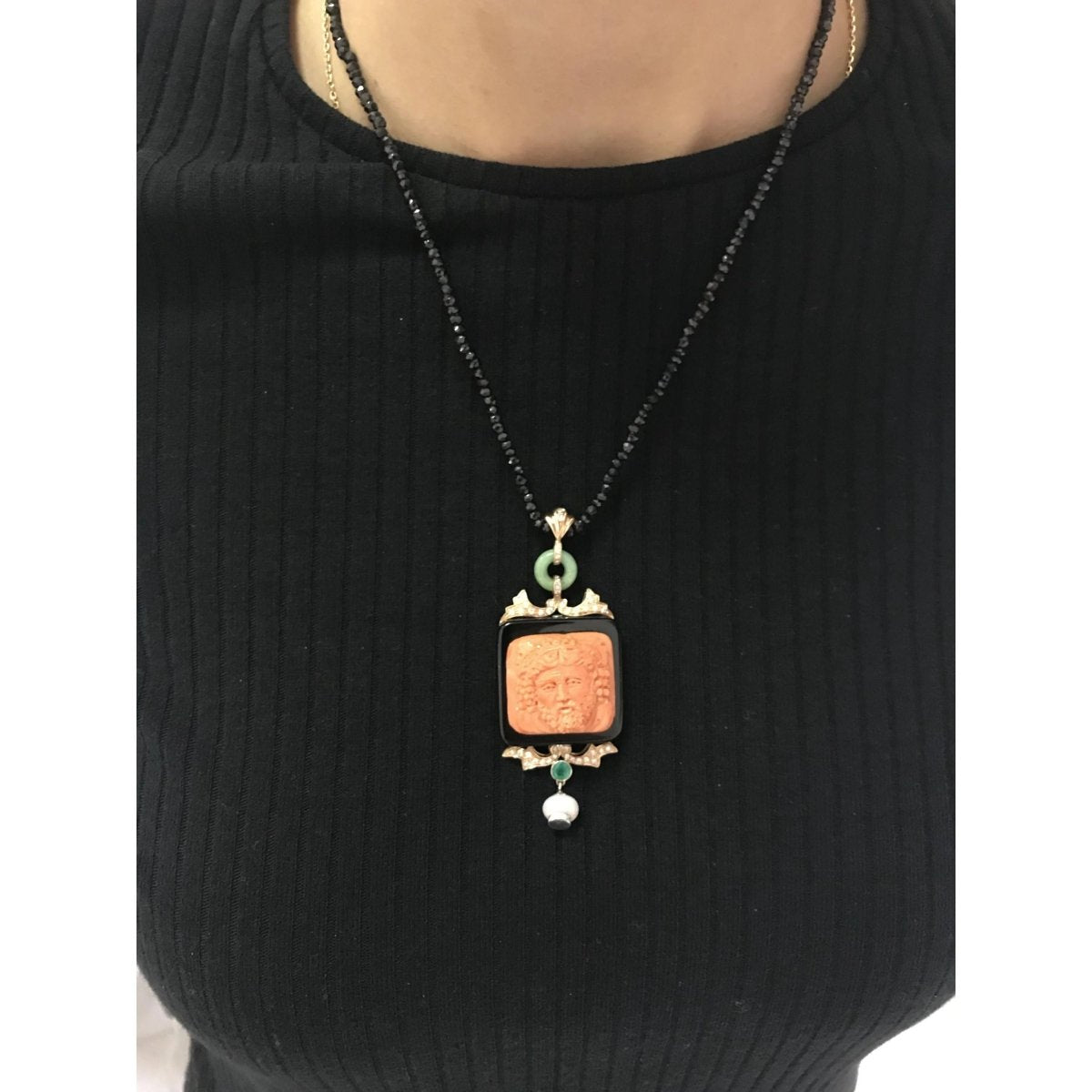 Hand - Carved Mediterranean Coral Onyx Diamond Gold Pendant - Castafiore