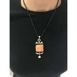 Hand - Carved Mediterranean Coral Onyx Diamond Gold Pendant - Castafiore