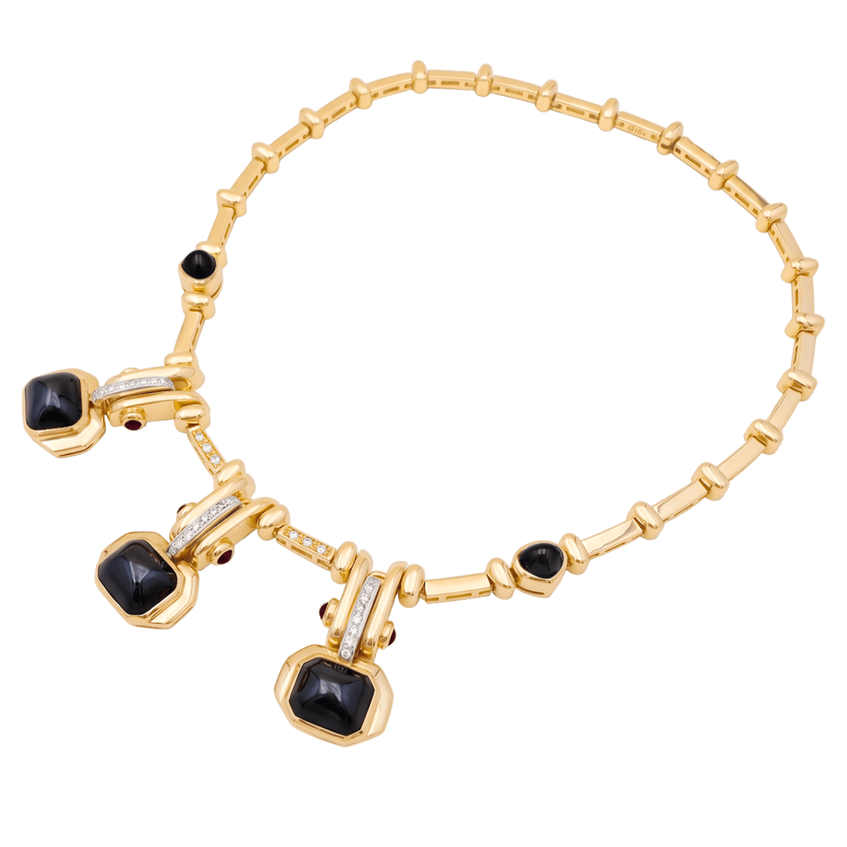 Collier or jaune, hématites pain de sucre, rubis et diamants.