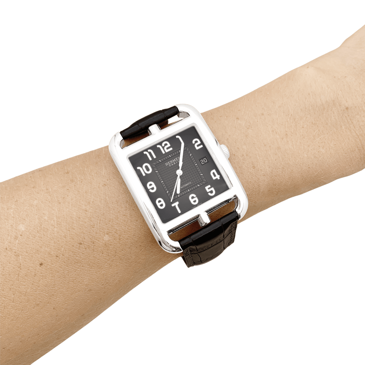 Montre Homme Hermès, "Cape Cod", acier, cuir. Très grand modèle.
