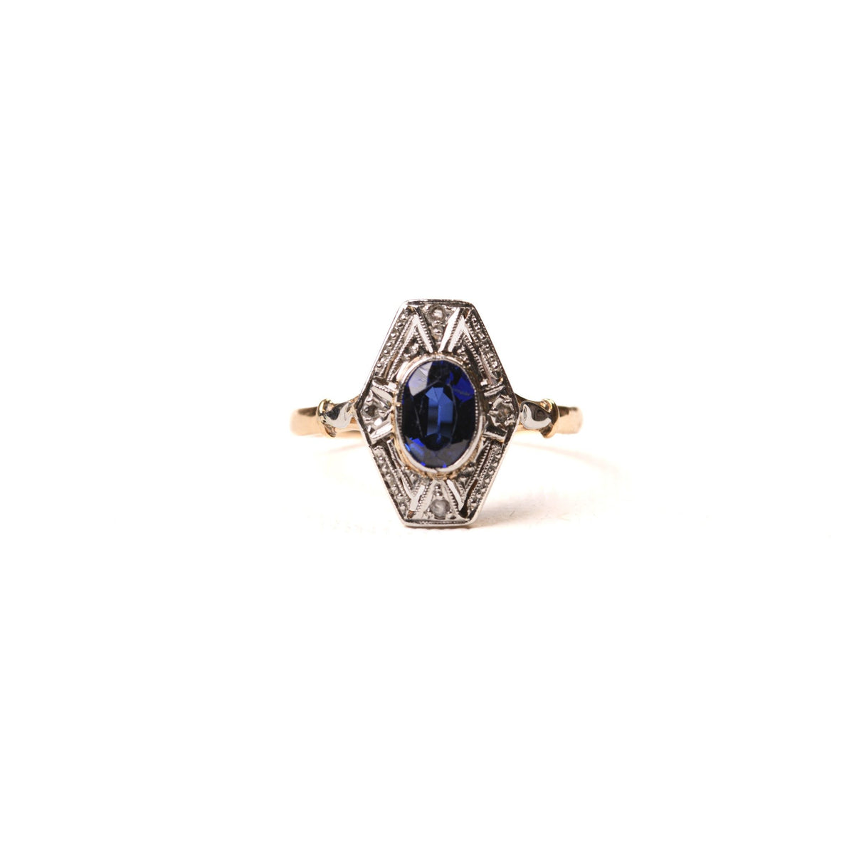 Bague ancienne hexagonale saphir diamants en or deux tons