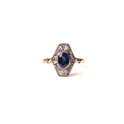 Bague ancienne hexagonale saphir diamants en or deux tons