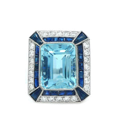 Bague en platine, aigue-marine, saphirs et diamants