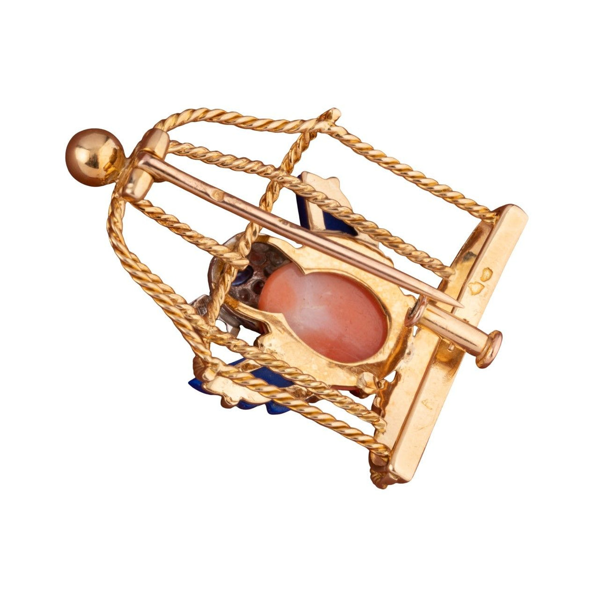 Broche Oiseau Libéré en or, corail, lapis lazuli, saphir et diamants