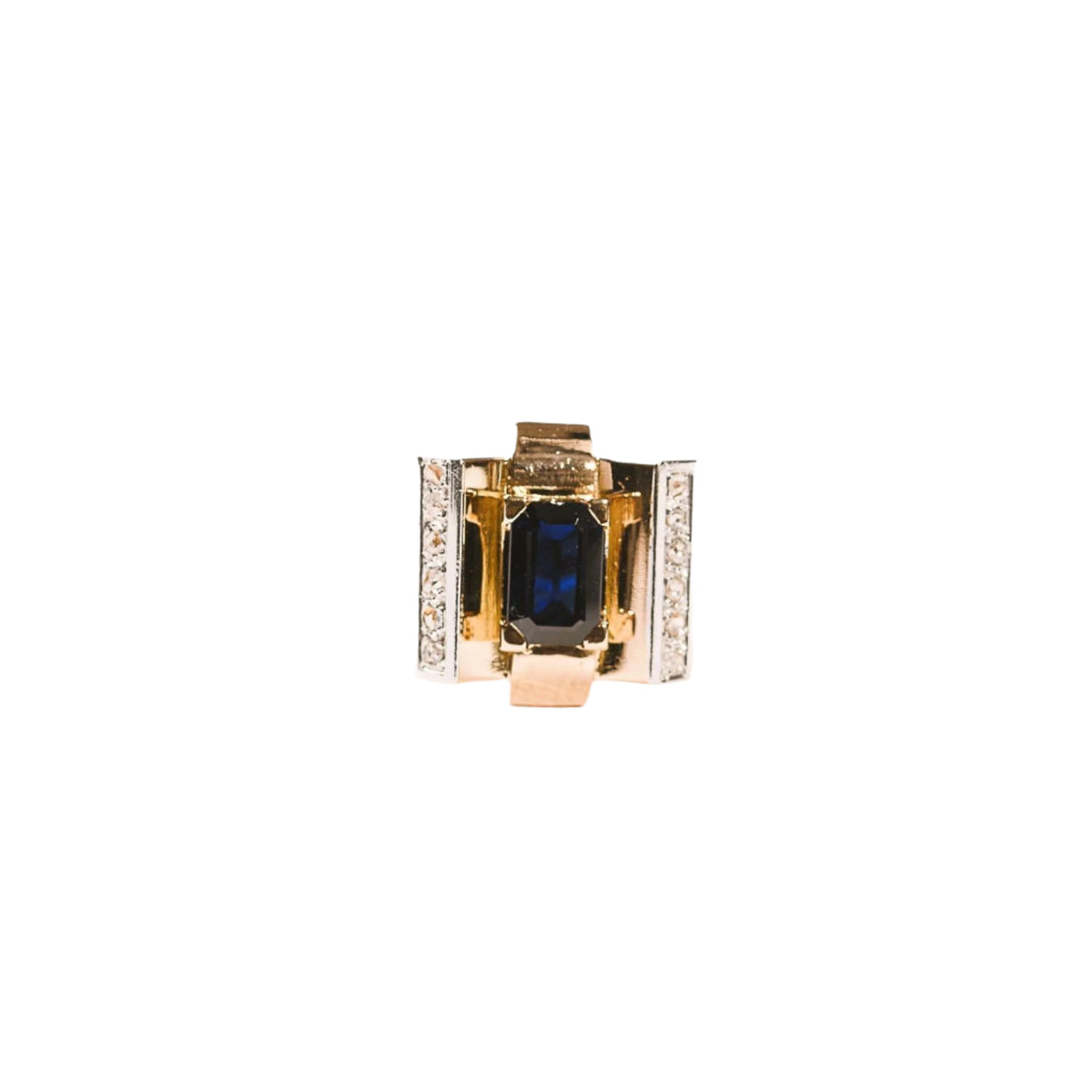 Bague Tank Art Déco saphir diamants en or jaune et blanc