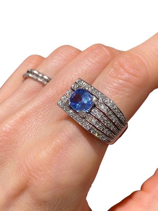 Bague Tank en or blanc 18k saphir et diamants
