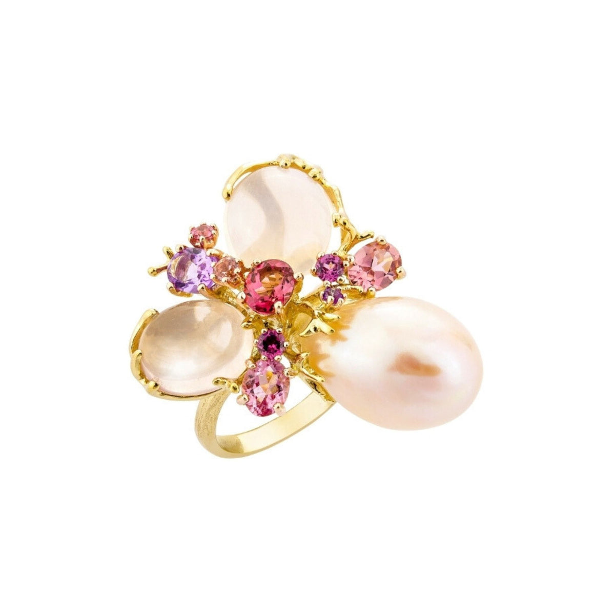 Bague Romance Divine en or jaune 18 carats, perle et quartz rose – EU54