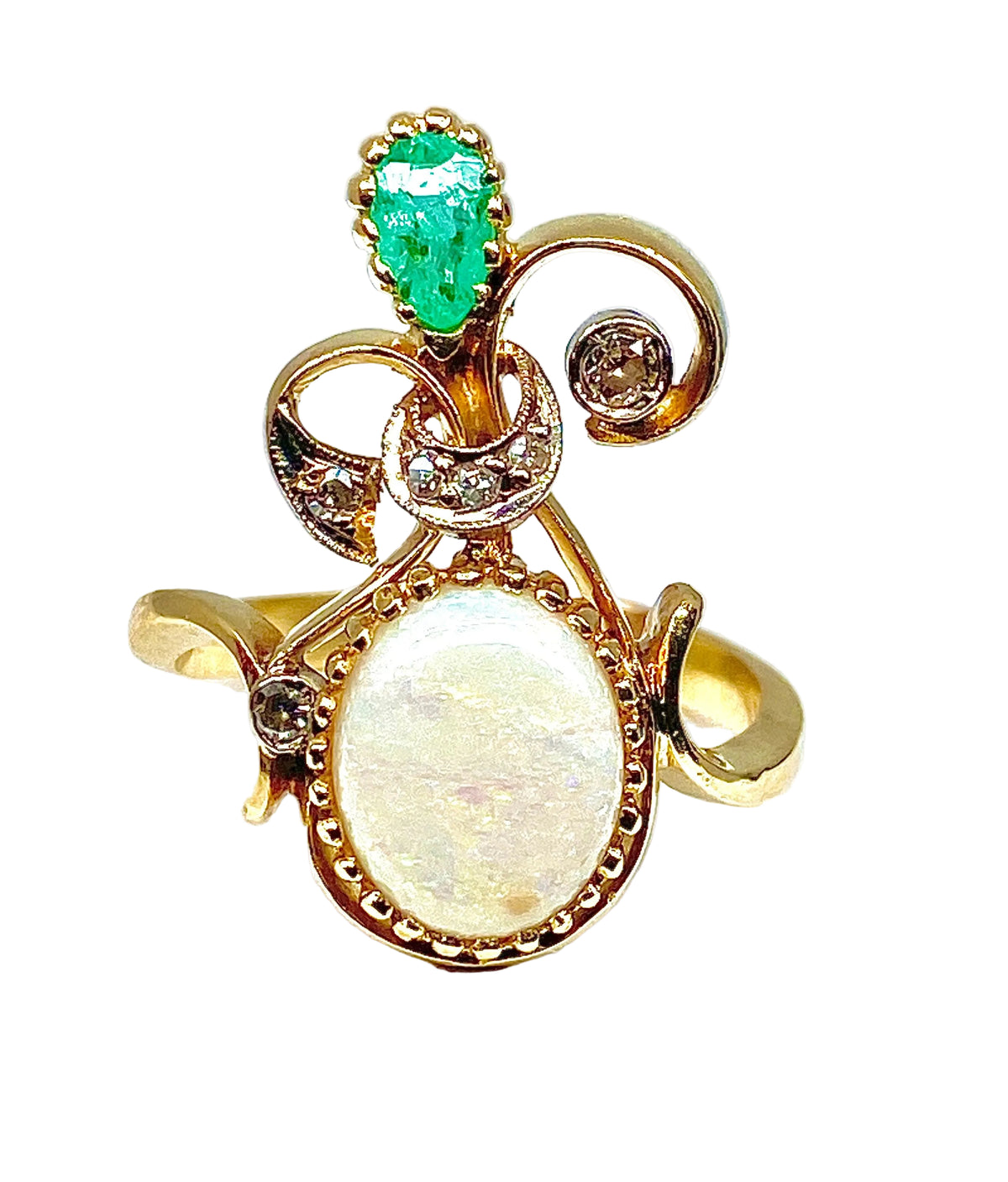 Bague en or jaune et or blanc 18 carats en opale, émeraude et diamants