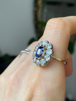 Bague Pompadour ancienne en or jaune 18k saphir et diamants