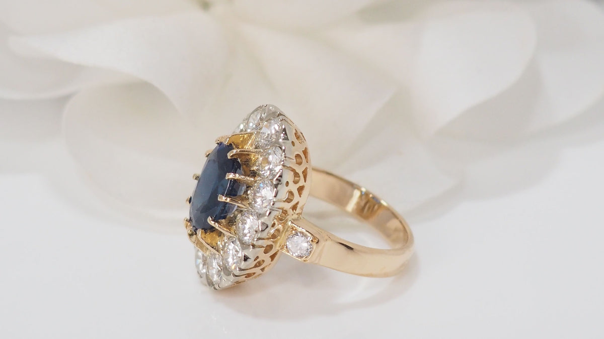 Bague Pompadour en or jaune saphir et diamants