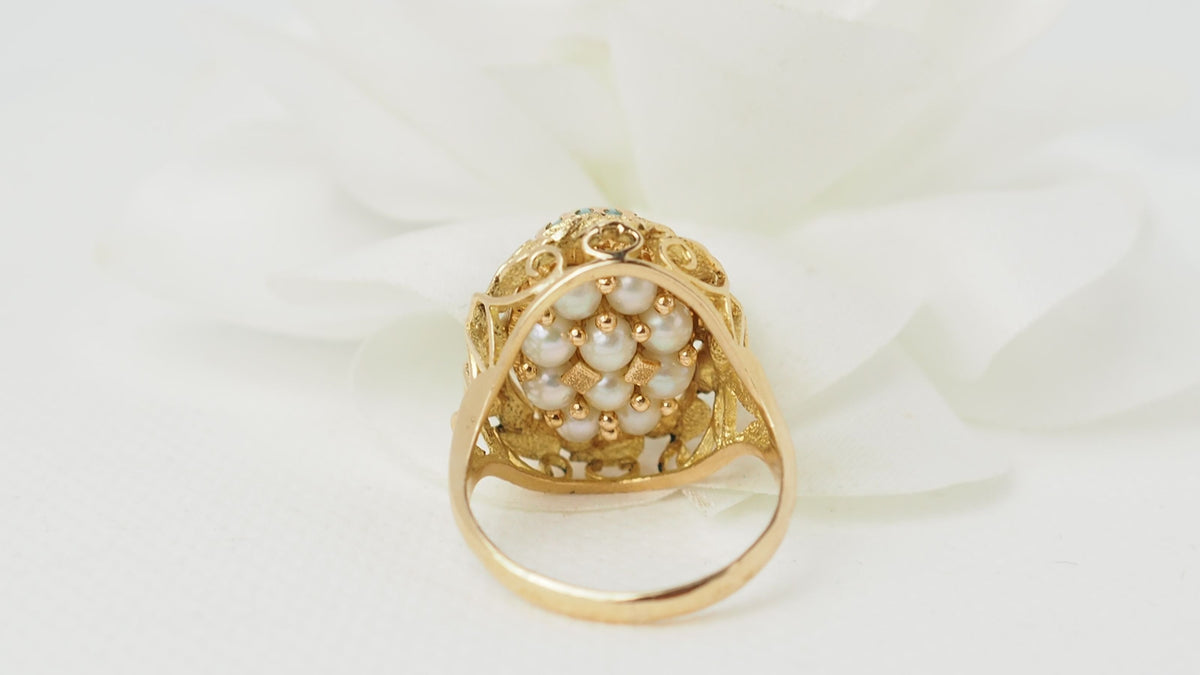 Bague Basculante En Or Jaune, Perles Et Amazonite
