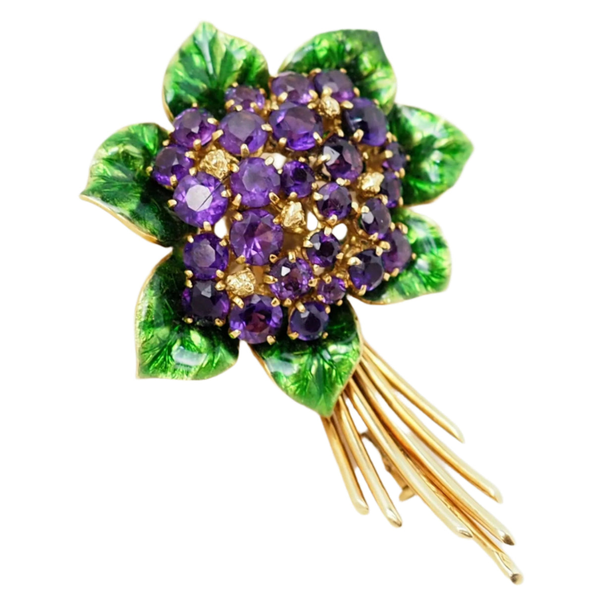 Broche En Or Jaune, Améthystes Et Email