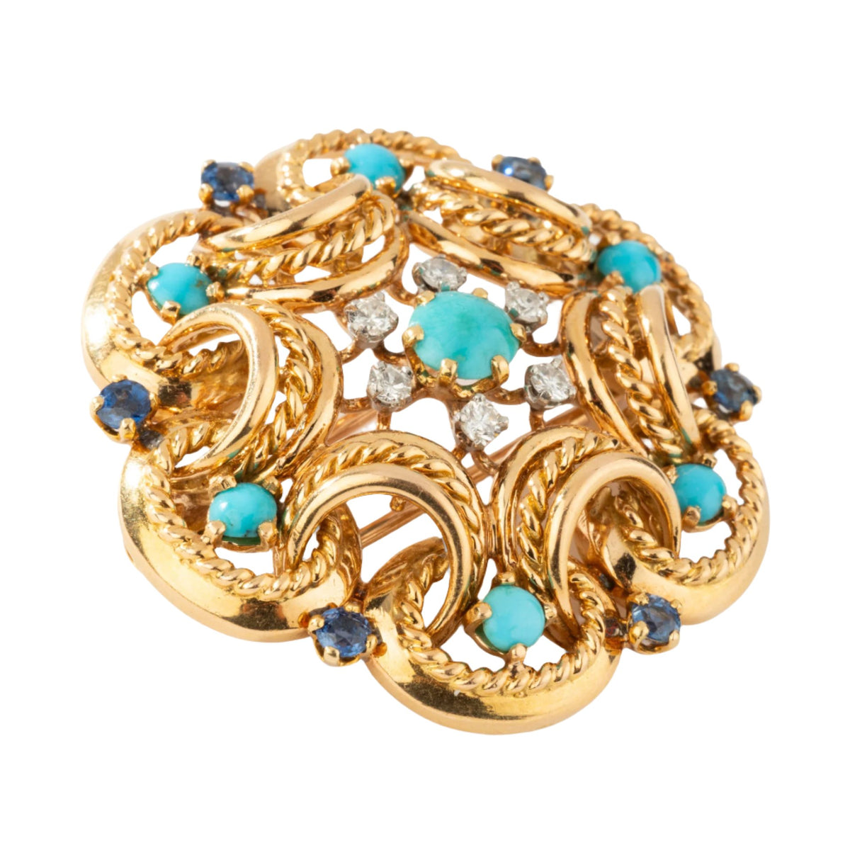 Broche Clip en or jaune, turquoises, saphirs et diamants